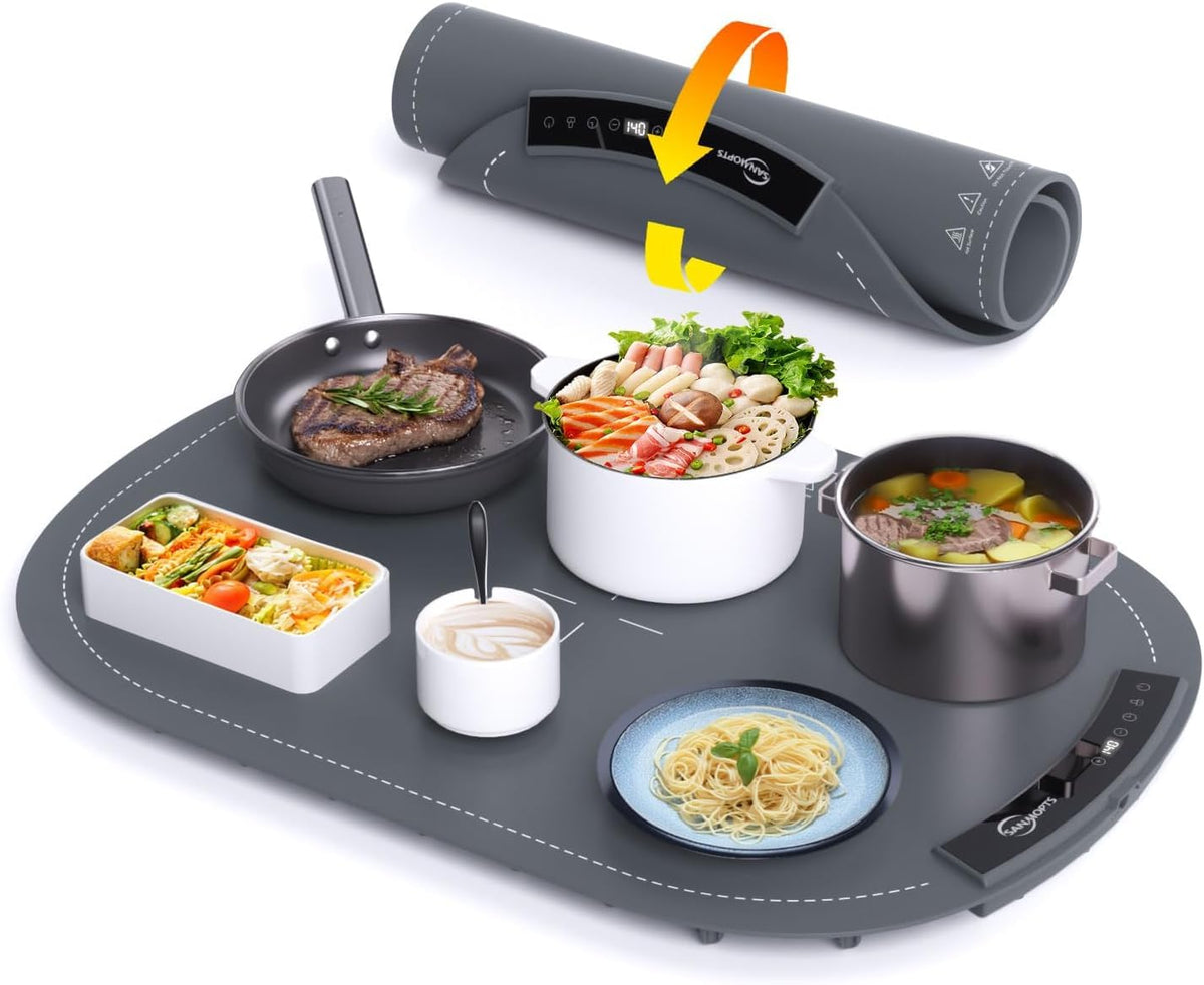 SANMOPTS bandeja calefactora de silicona enrollable mantiene la comida caliente de forma uniforme.