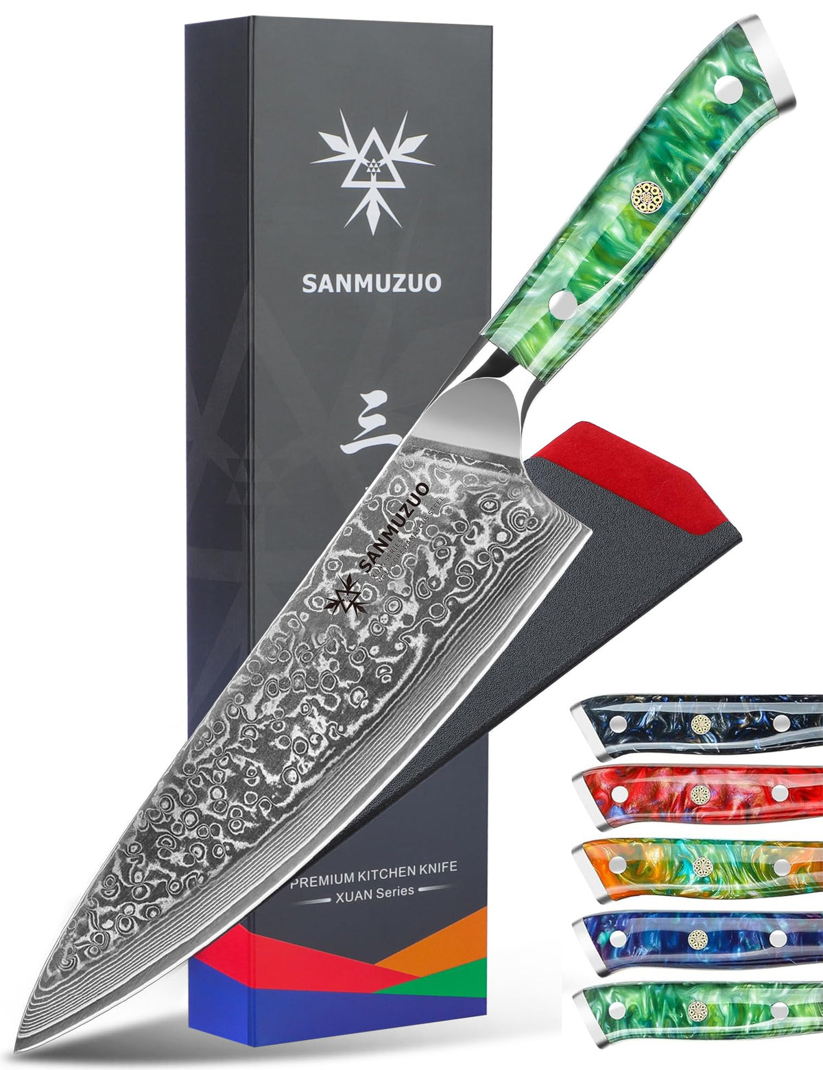 SANMUZUO Cuchillo Chef 8 pulgadas con mango jade verde, filo de precisión para cocina diaria.