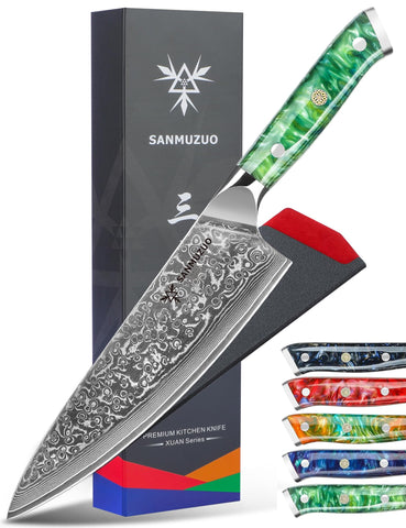 SANMUZUO Cuchillo Chef 8 pulgadas con mango jade verde, filo de precisión para cocina diaria.