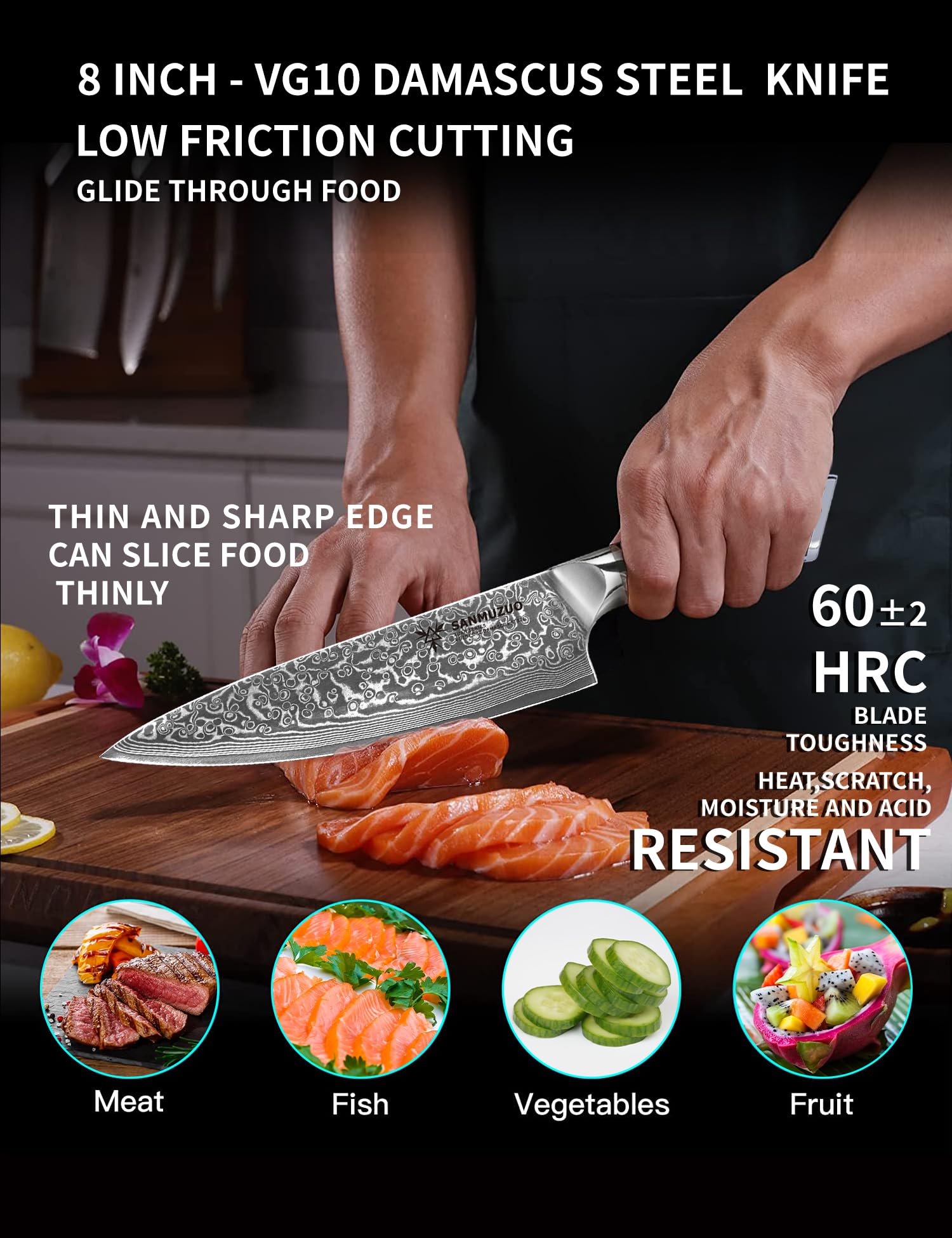 SANMUZUO Cuchillo damasco VG10, filo afilado para cortar verduras con precisión.