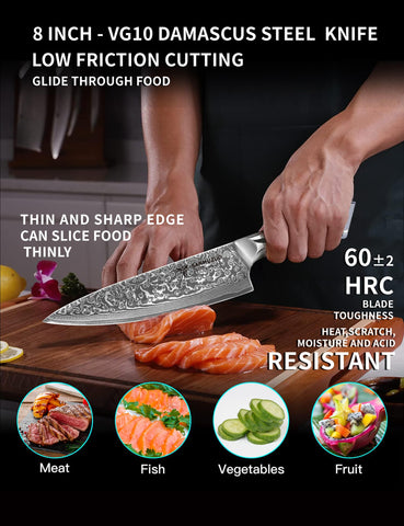 SANMUZUO Cuchillo damasco VG10, filo afilado para cortar verduras con precisión.