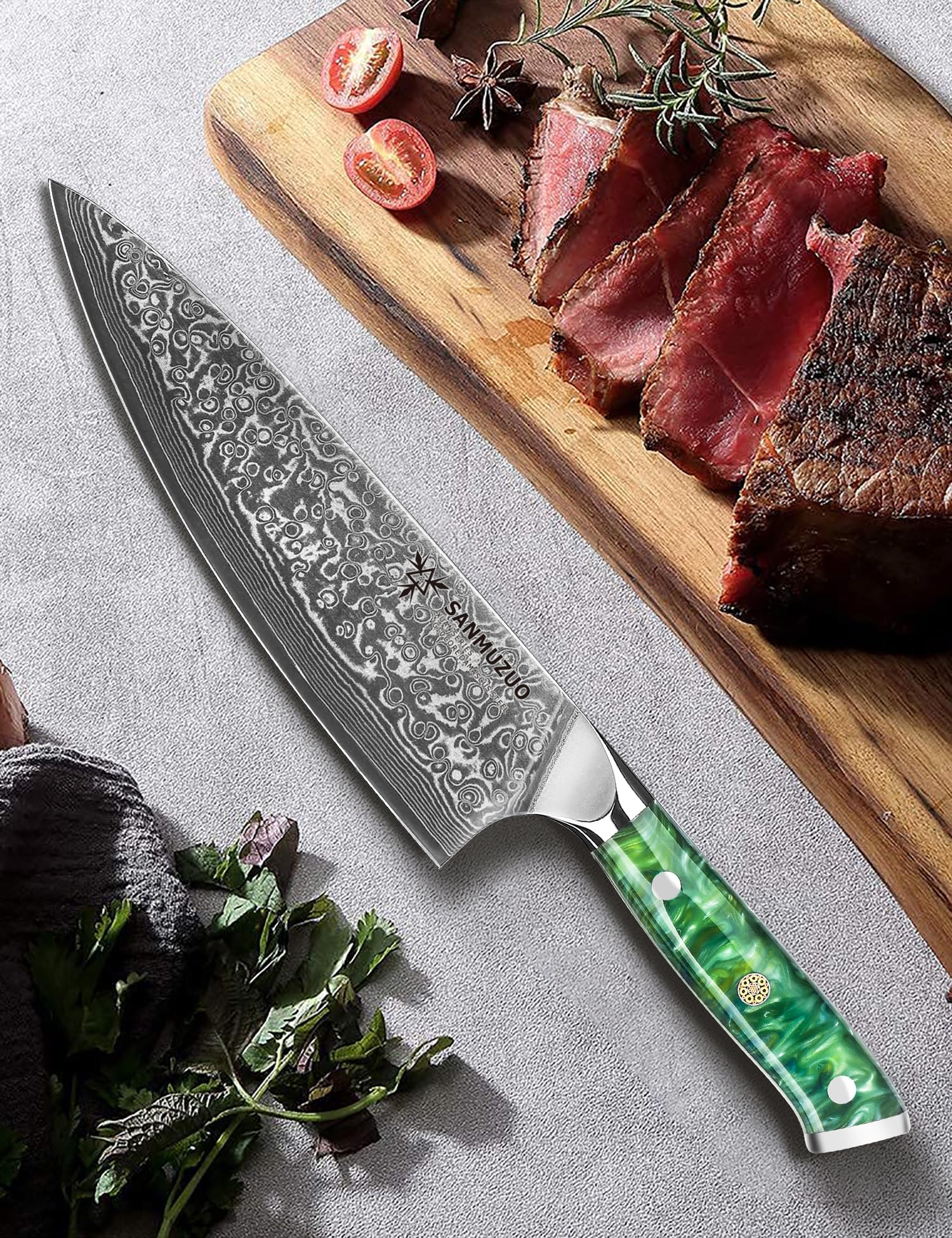 SANMUZUO Cuchillo en mano con mango resina jade verde, equilibrio óptimo.