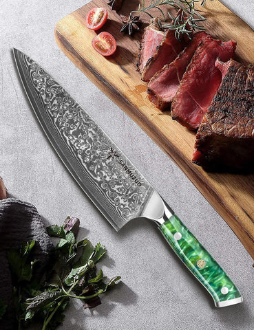 SANMUZUO Cuchillo en mano con mango resina jade verde, equilibrio óptimo.