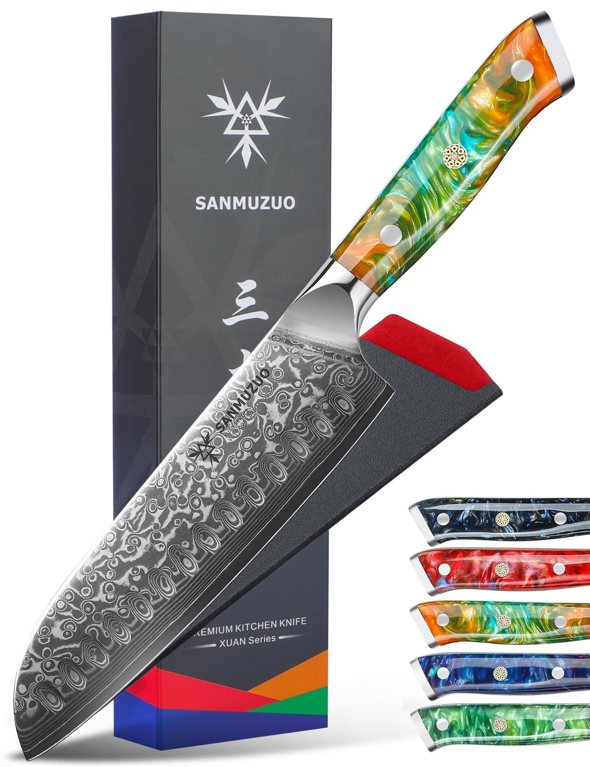 SANMUZUO Santoku de 7 pulgadas, hoja damasco VG10, cortes precisos y estables.