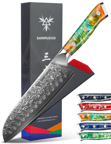 SANMUZUO Santoku de 7 pulgadas, hoja damasco VG10, cortes precisos y estables.