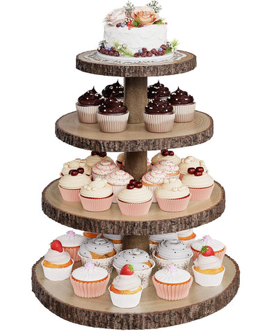 SANYOUNG bandeja cupcakes madera 4 niveles, vista frontal, ideal para exhibir postres en bodas.