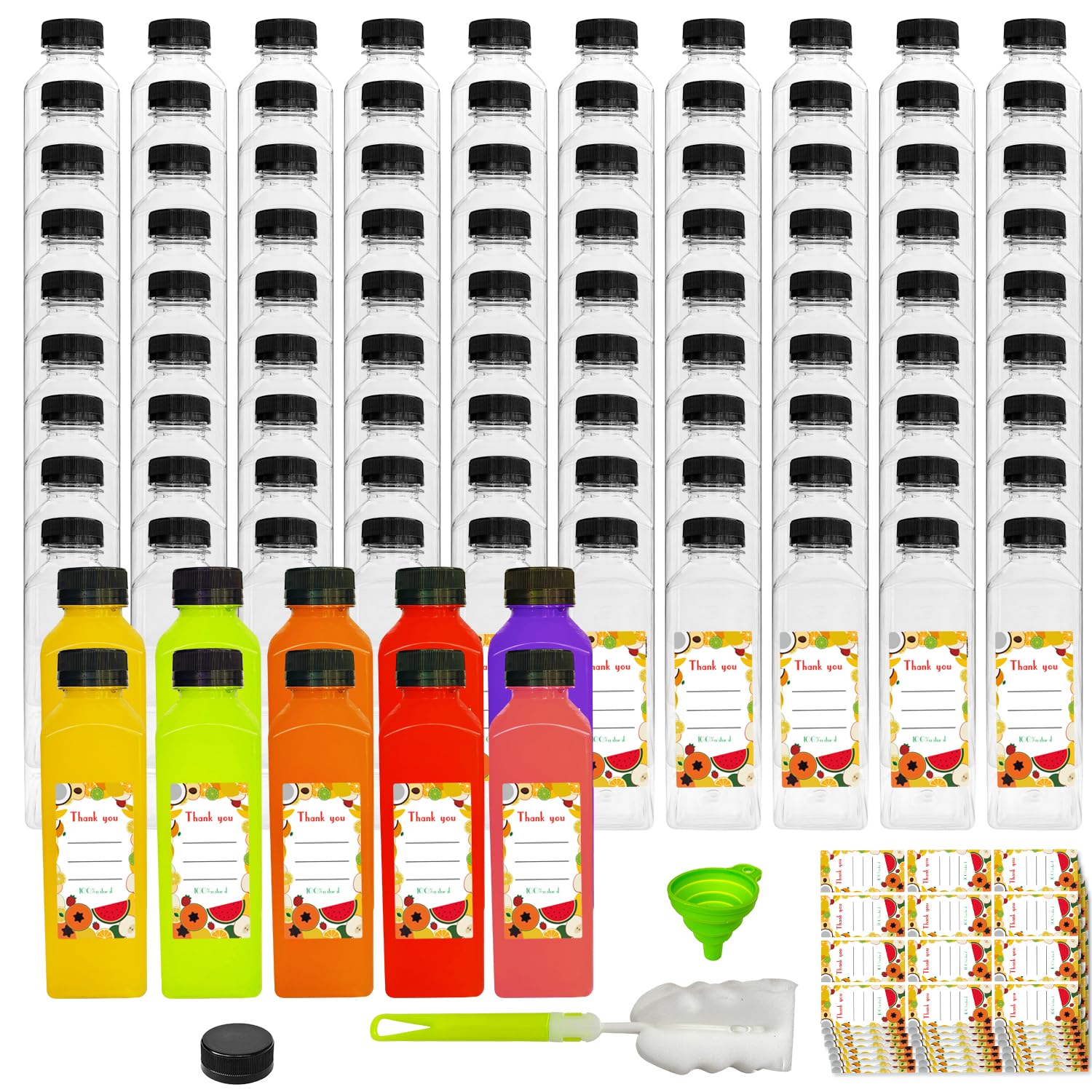 Botellas Sanyuanzhou 16oz transparentes con tapas negras, adecuadas para jugos y leche.