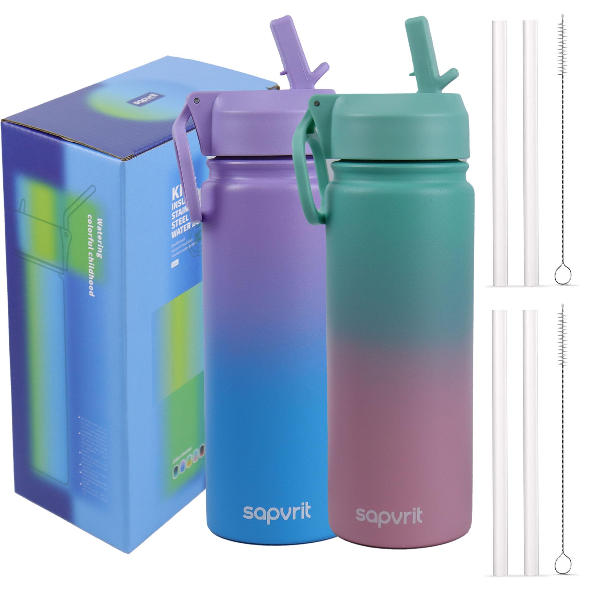 Botella SAPVIT 16oz verde con paja para uso escolar.