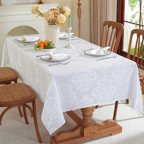 Mantel damascado blanco de SASTYBALE para mesa rectangular, elegante y resistente a manchas.