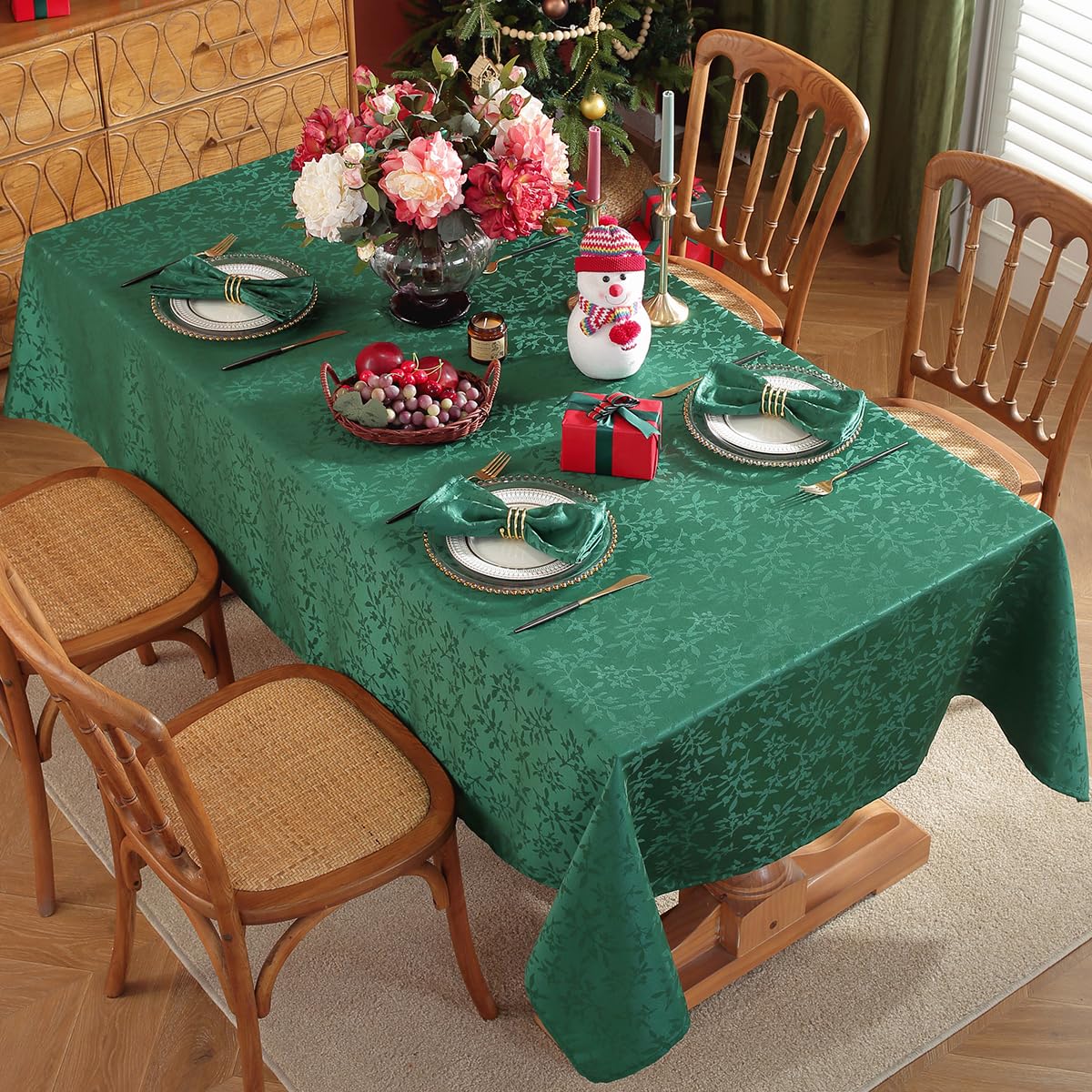 Mantel damasco jacquard SASTYBALE, diseño navidad con acebo para ambiente sofisticado.