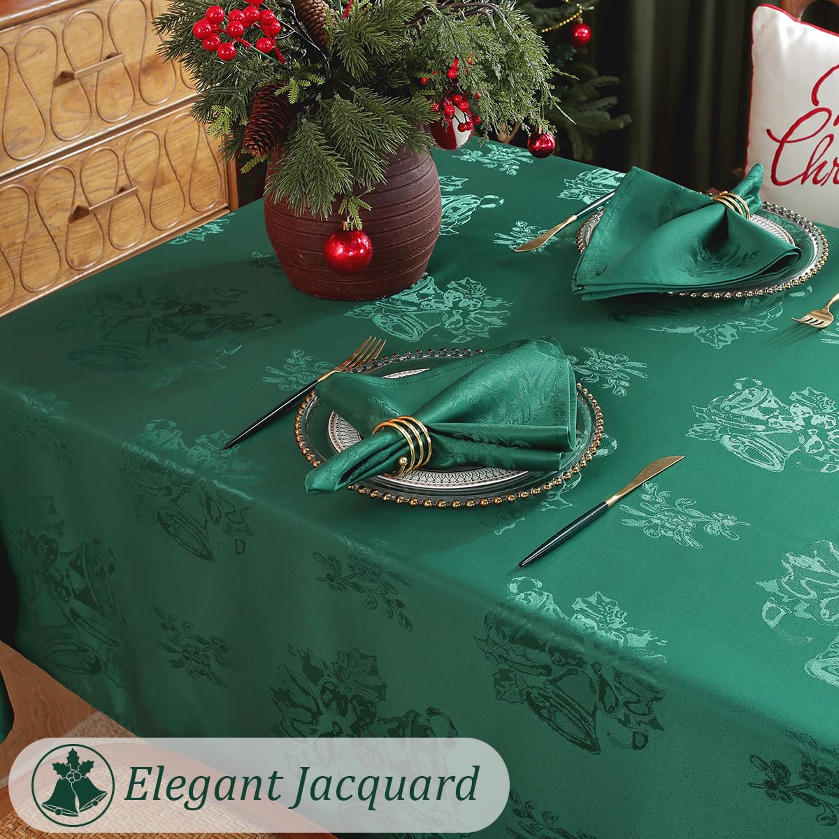 Mantel SASTYBALE verde jacquard para mesa con diseño sofisticado.