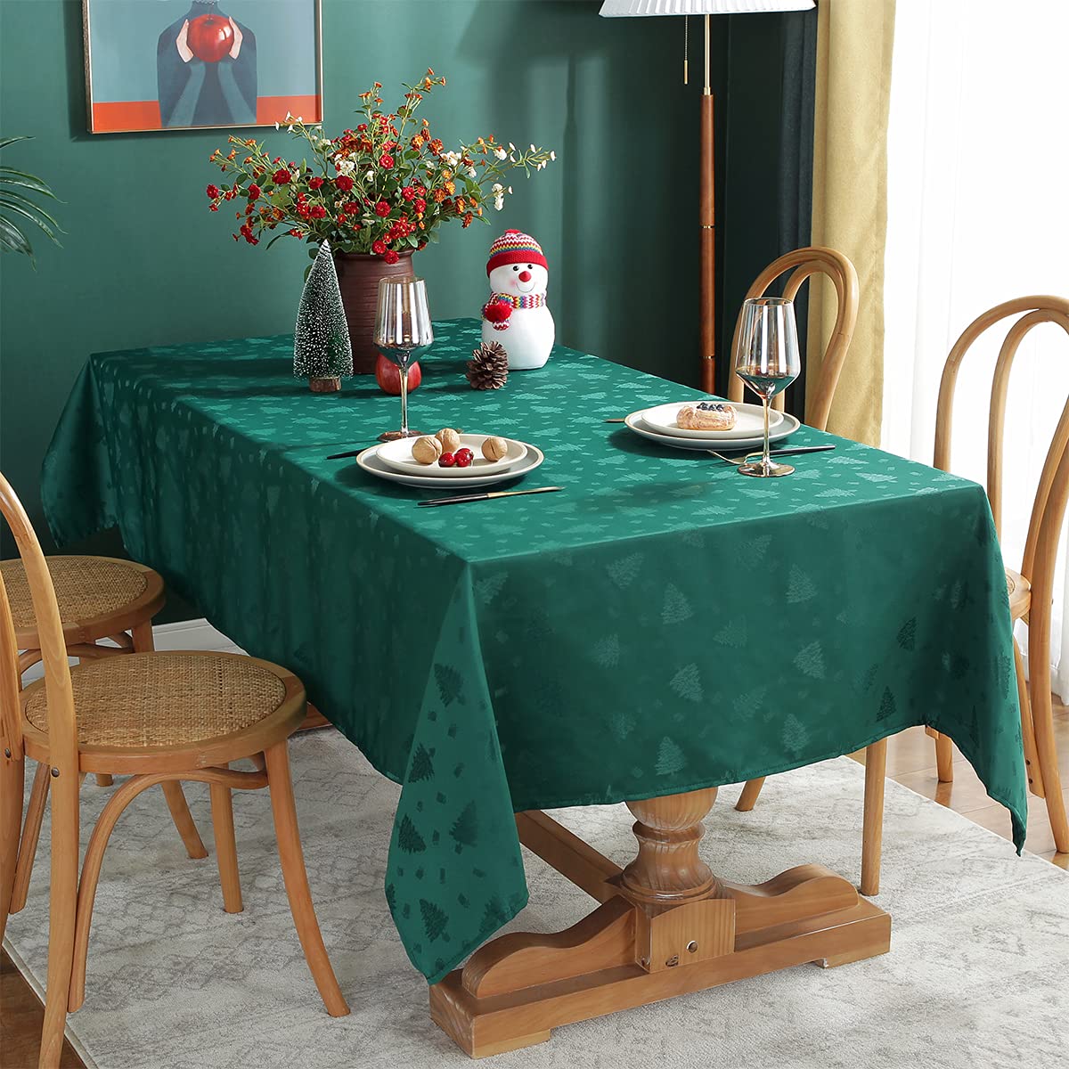 Mantel SASTYBALE navidad rectangular jacquard verde, ideal para cenas festivas y protección de la mesa.
