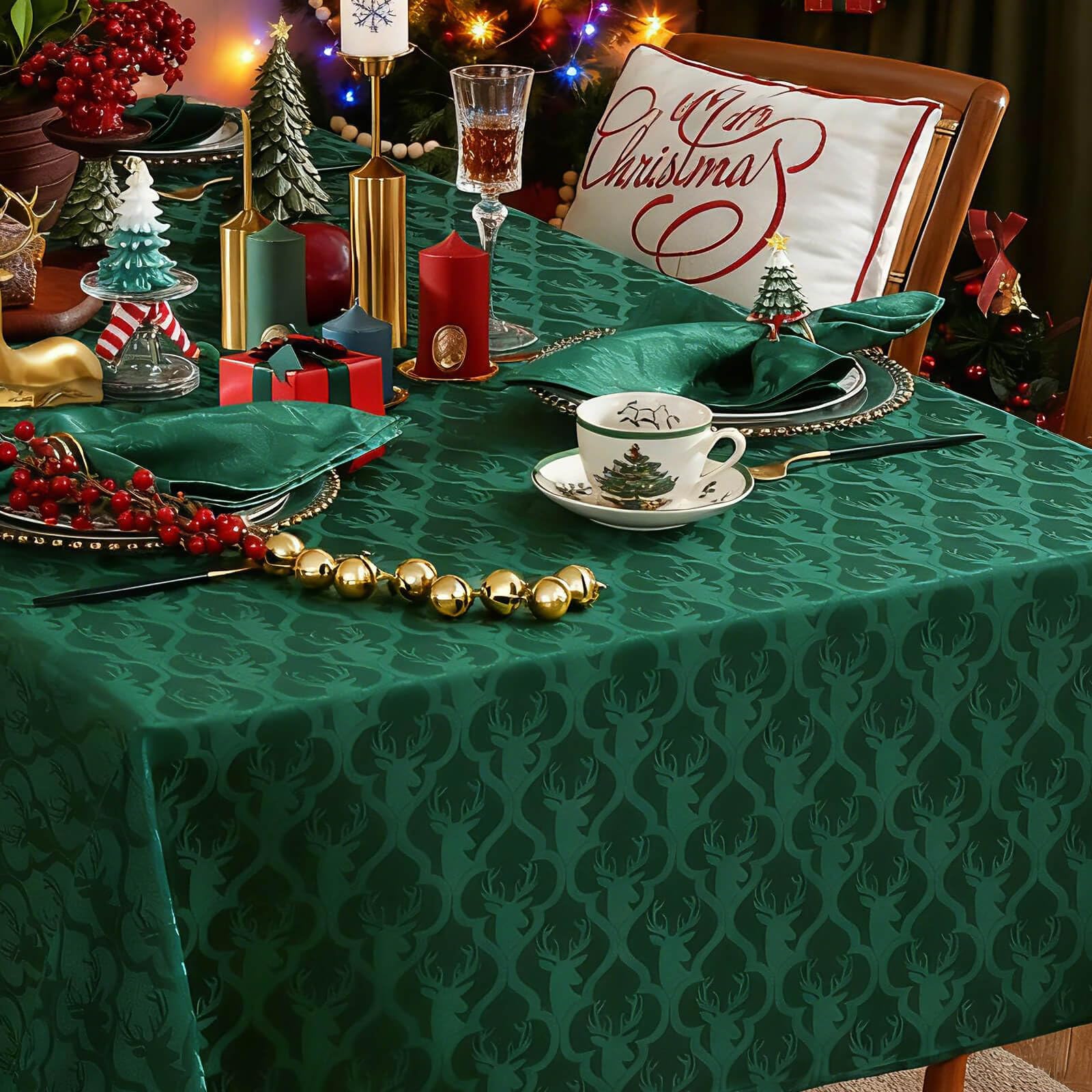 Mantel SASTYBALE navidad verde rectangular 60x120 protege la mesa durante cenas festivas.