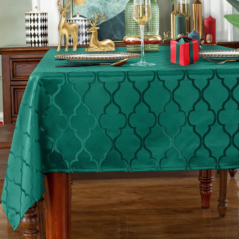Mantel rectangular SASTYBALE jacquard damasco verde, frente elegante para comidas diarias.