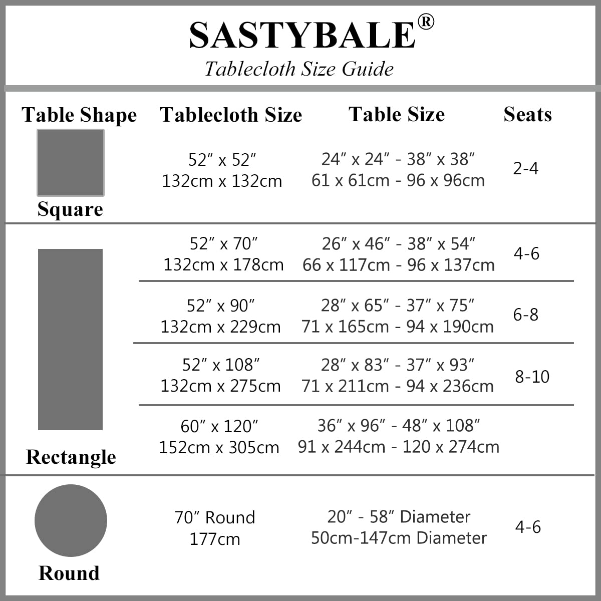 Mantel SASTYBALE para eventos, tamaño ideal para combinaciones en mesas grandes.