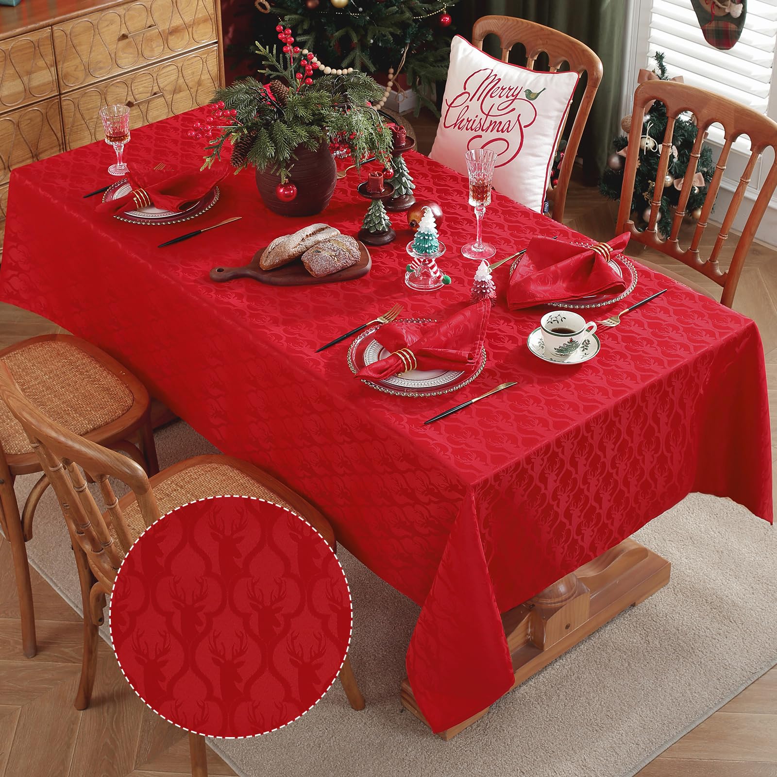 Mantel SASTYBALE rojo-verde damascado, ideal para una mesa navideña elegante.