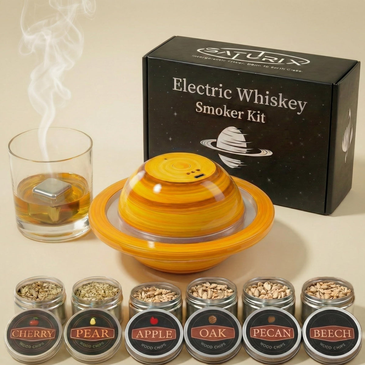 SATURIX humo frío para whisky, realza aromas con humo suave.