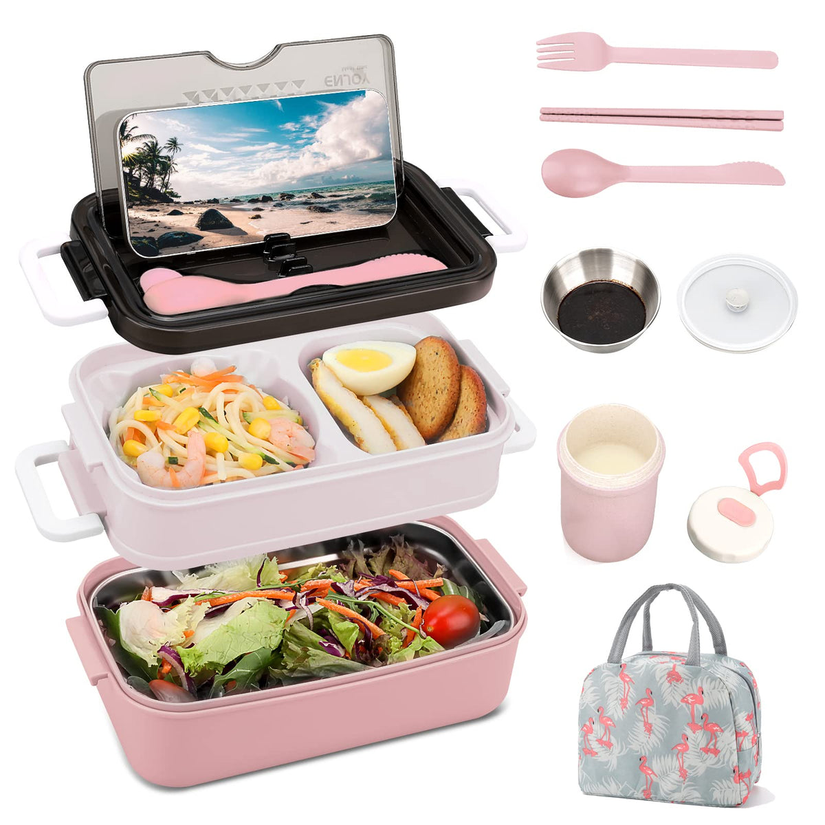 SAVTON Bento con capacidad de 1200 ml, acabado rosa metalizado, ideal para almuerzos diarios.
