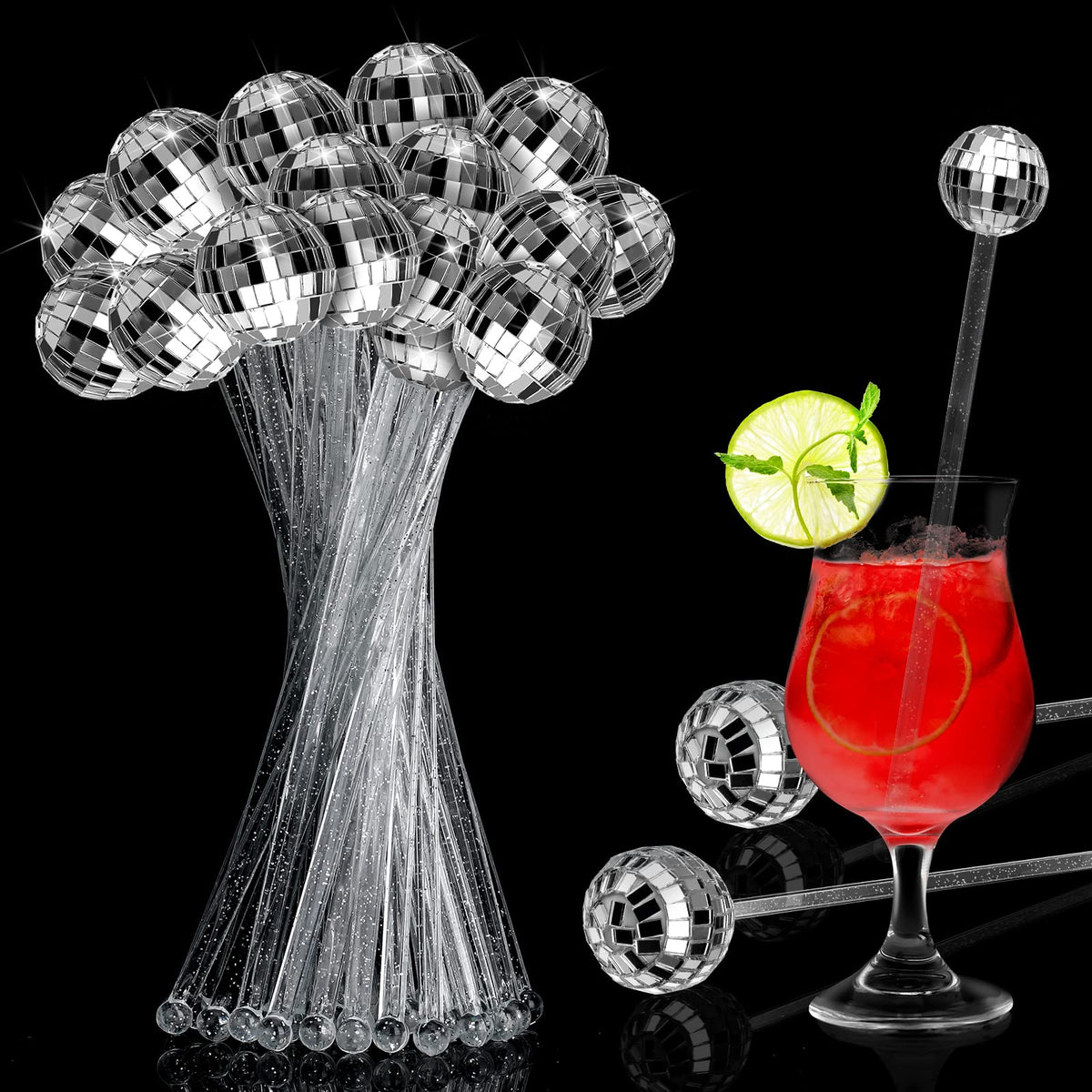 Sawysine agitadores coctel con bolas espejo plateadas, ideal para realzar bebidas.