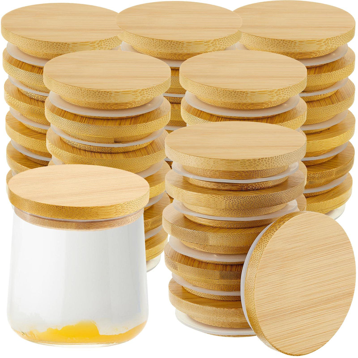 Sawysine tapas-frascos-yogur-bambu: tapas reutilizables con sello de silicona para frascos.