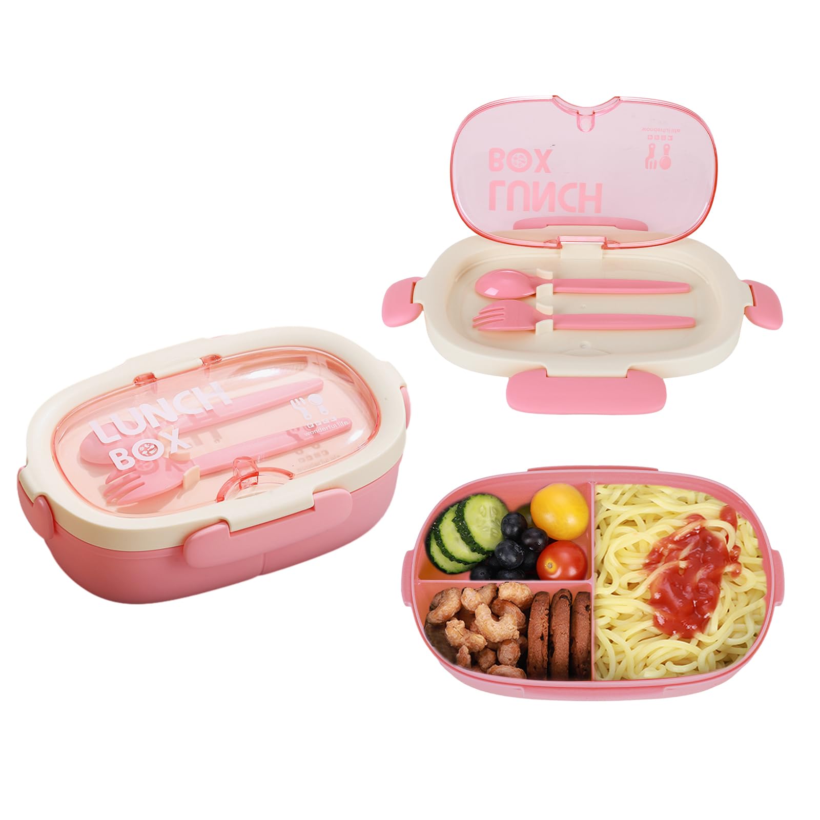 Caja SAYAPE Bento con tapa transparente y tres compartimentos para almuerzos escolares.