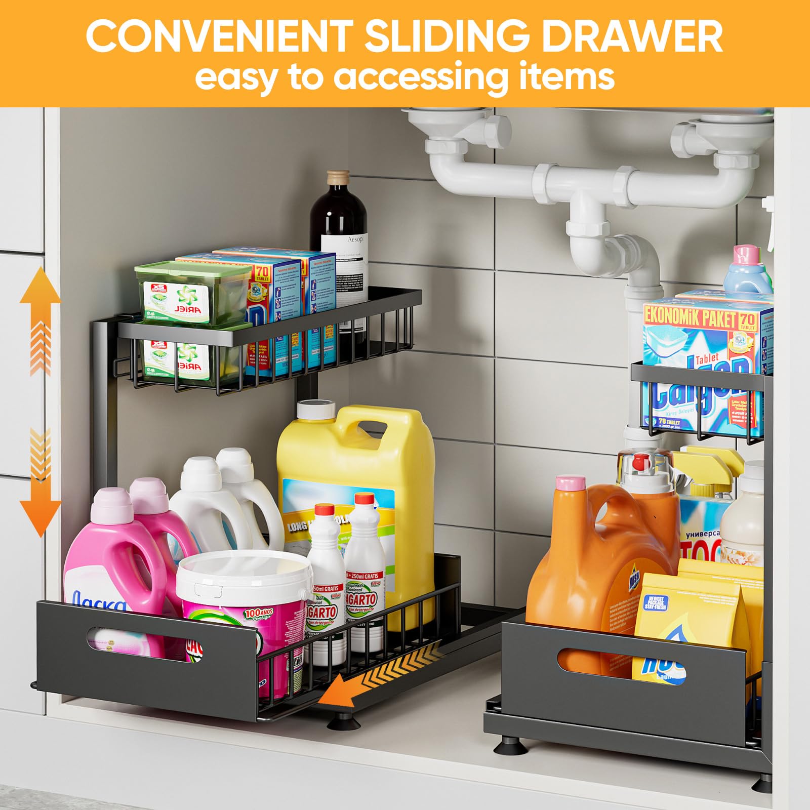 Saydear organizador-bajo-lavabo-2-unidades optimiza espacio con un set doble para gabinetes.