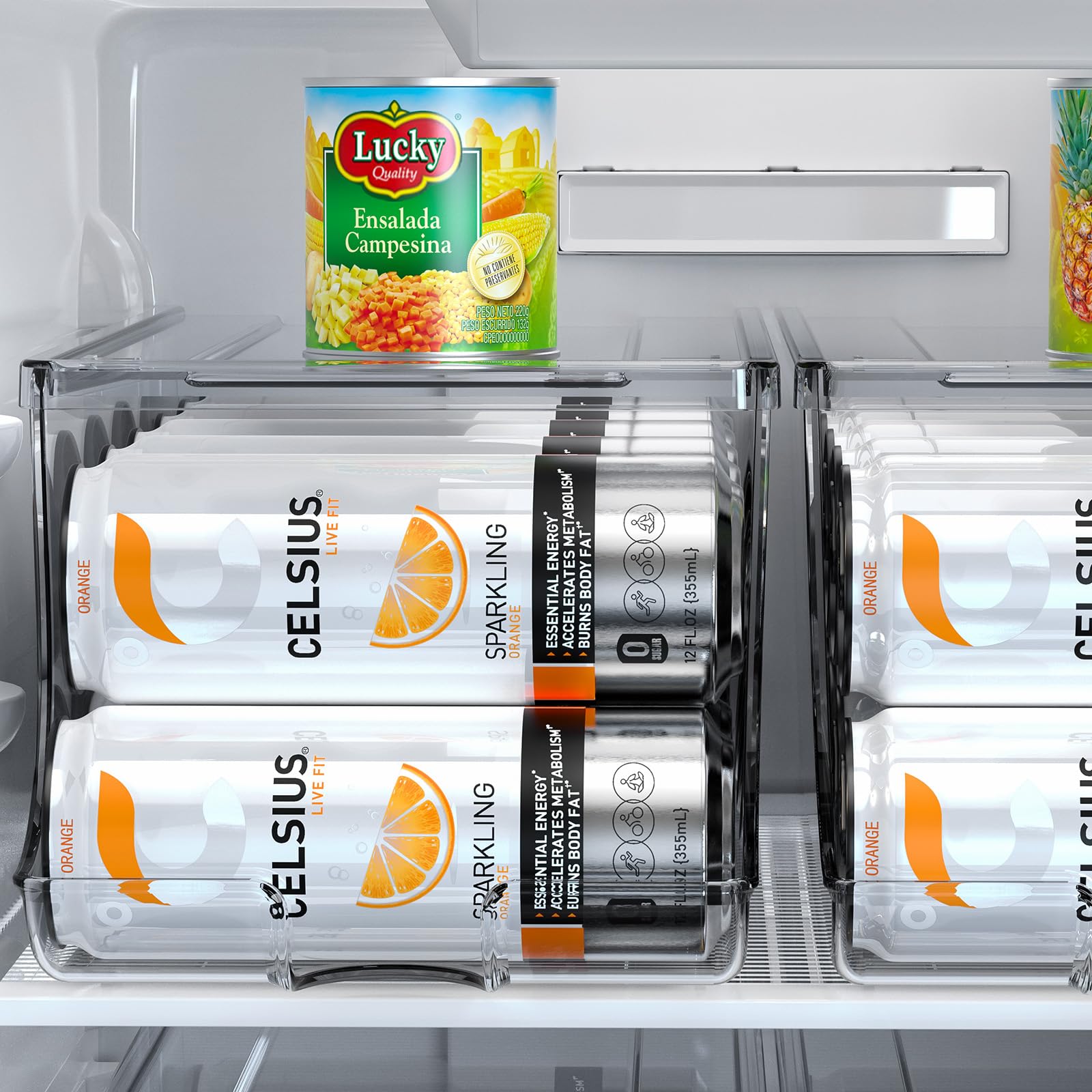 SCAVATA elevación apilable para latas delgadas, maximiza espacio en refrigerador.