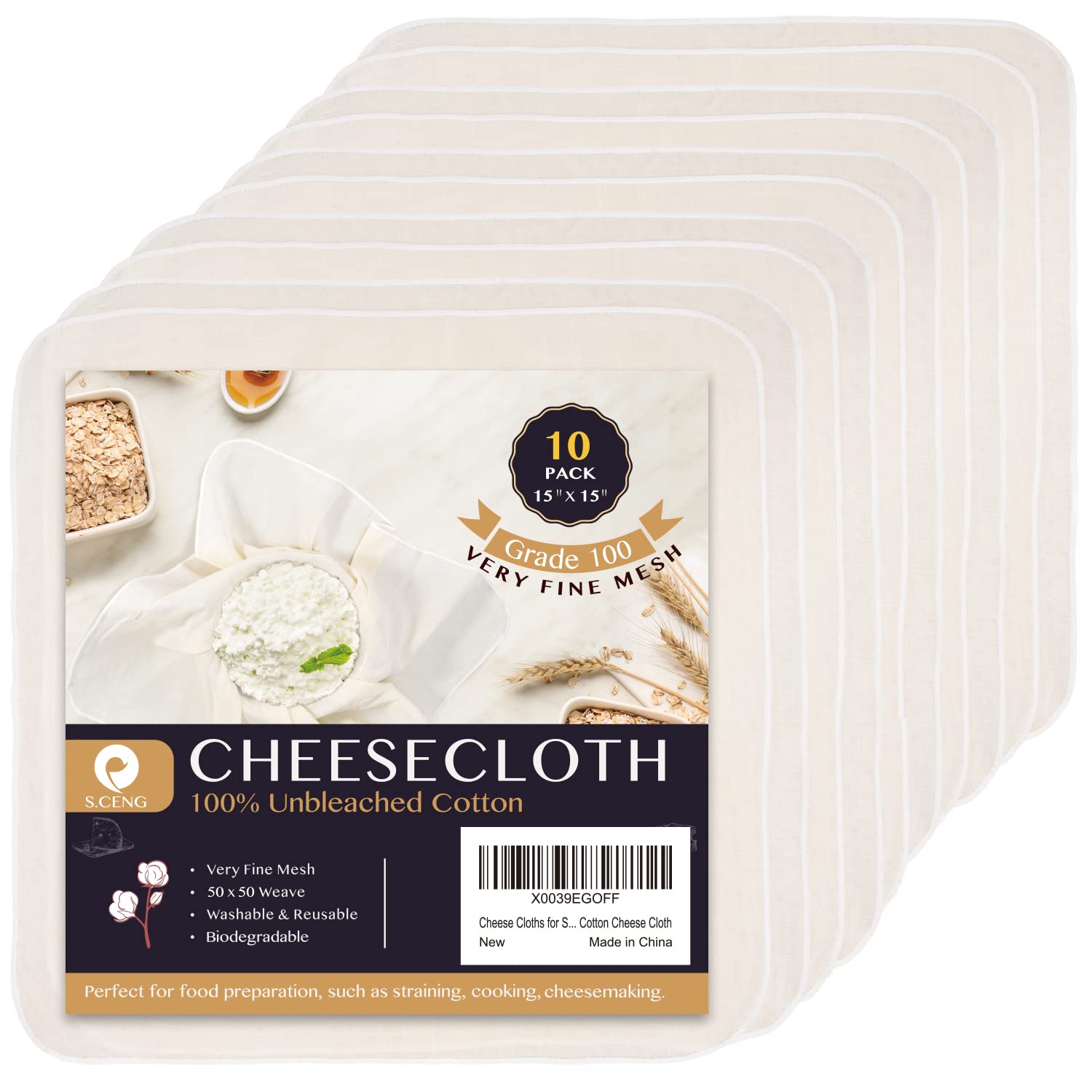 Gasa de queso S.CENG precortada 15x15, ideal para cuajar y colar quesos caseros.