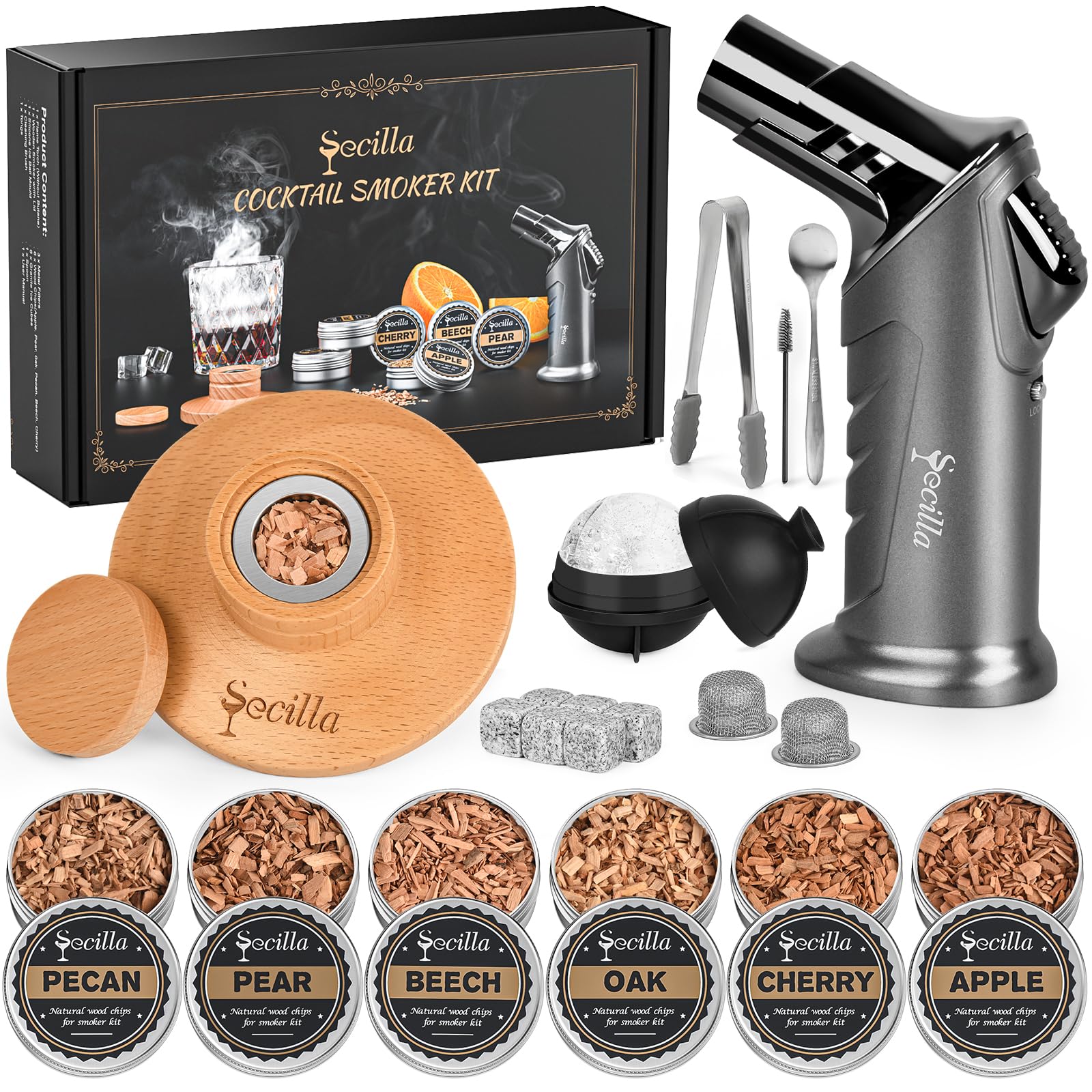 Secilla kit de ahumador para cócteles en elegante caja regalo.