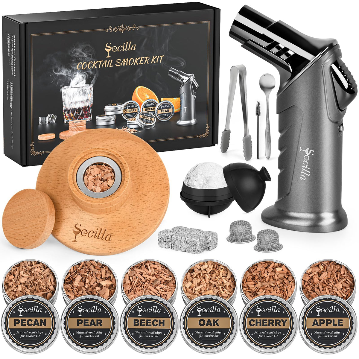 Secilla kit de ahumador para cócteles en elegante caja regalo.