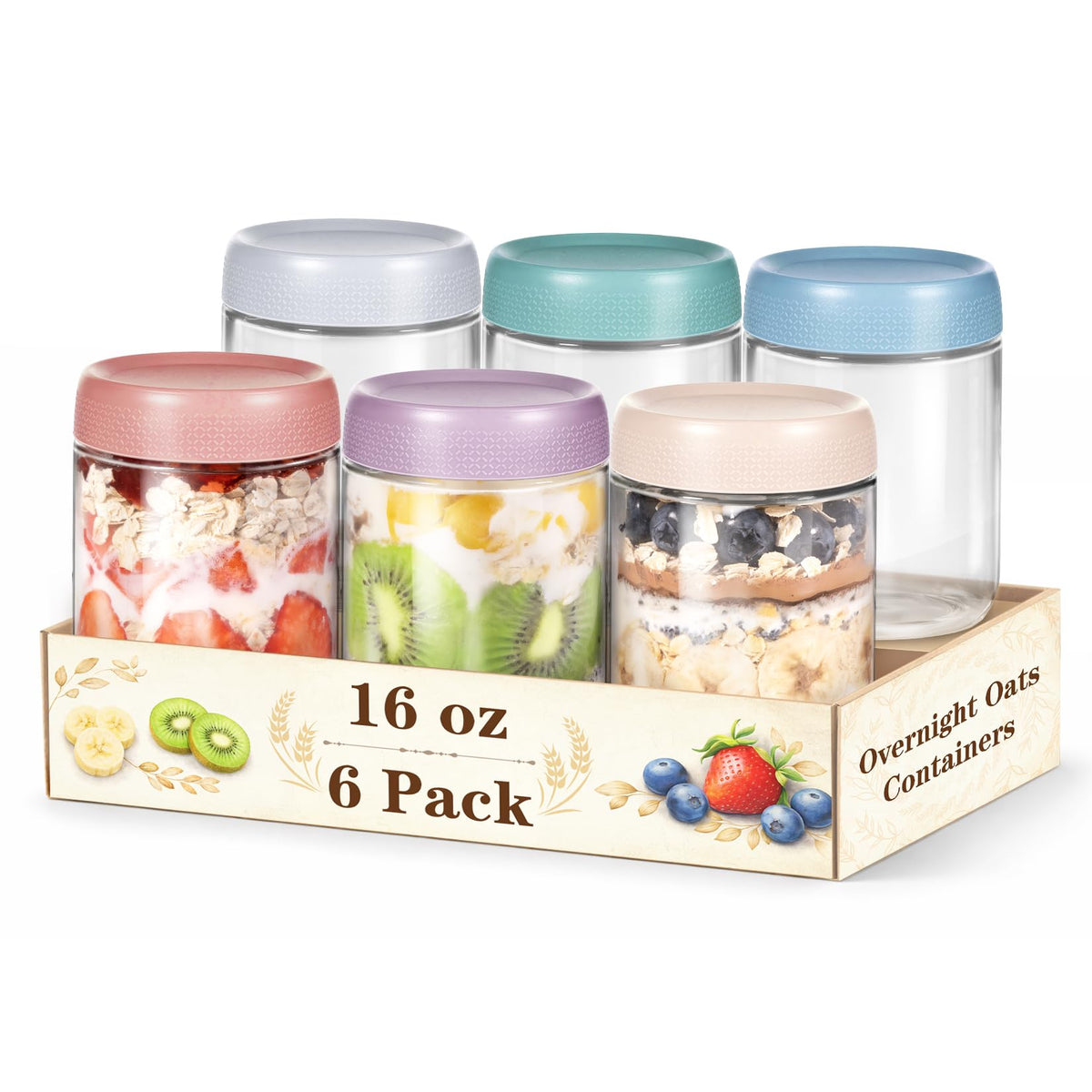 SECLENT jarras de vidrio 16 oz para avena nocturna, ideal para porciones