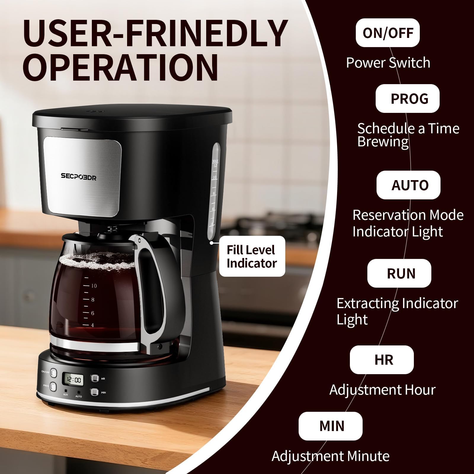 SECPOEDR cafetera goteo programable 24 horas, programación flexible