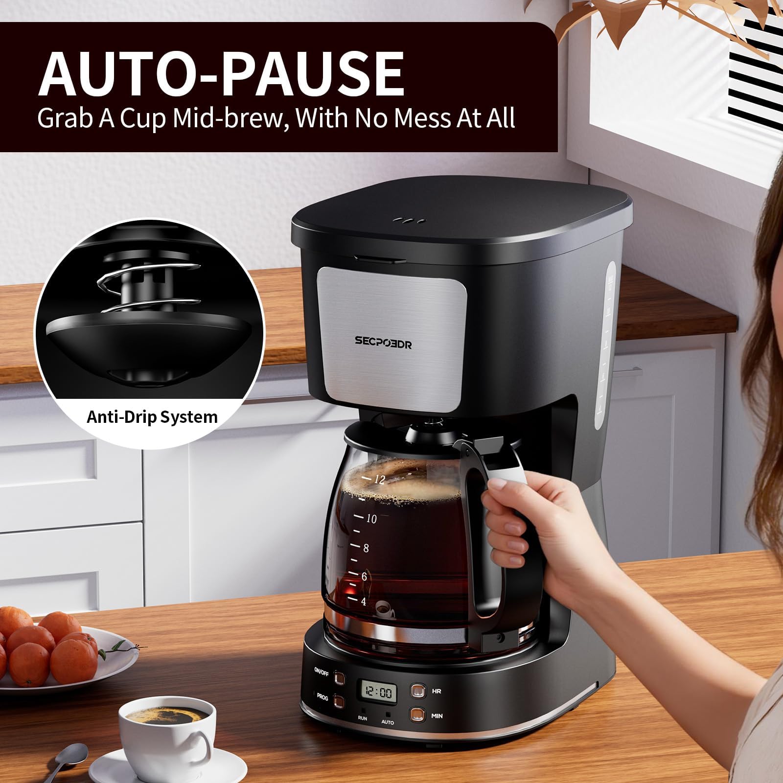 SECPOEDR cafetera goteo con ventana de agua para medir niveles