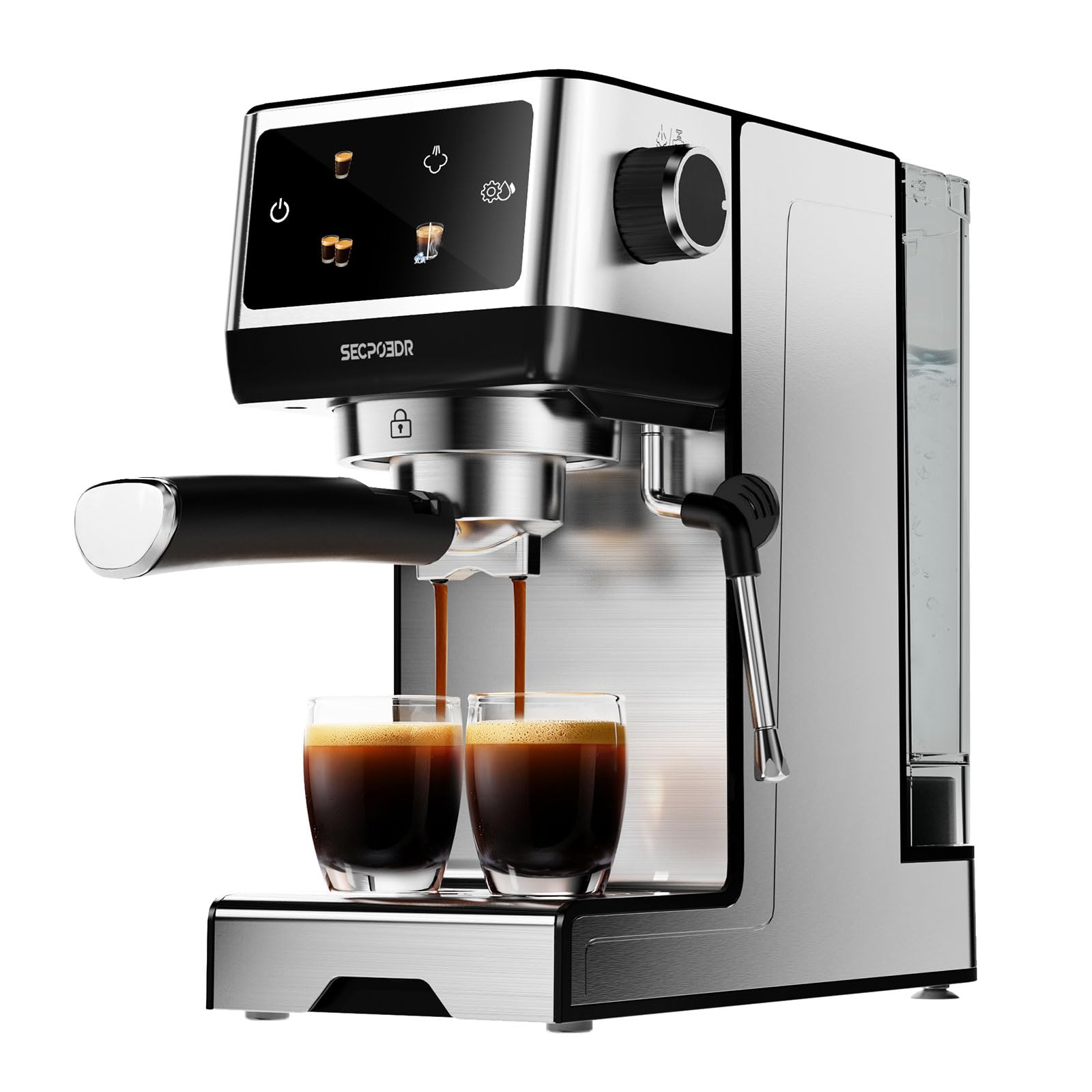 Secpoedr máquina espresso 20 bar frontal con extracción precisa y crema.