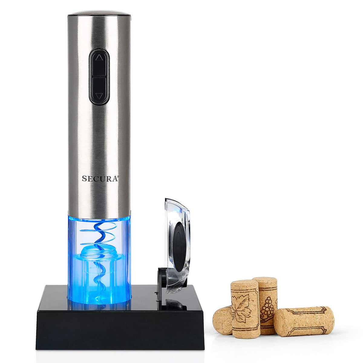 Secura abre-botellas eléctrico con cuerpo de acero inoxidable y apertura rápida.