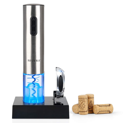 Secura abre-botellas eléctrico con cuerpo de acero inoxidable y apertura rápida.