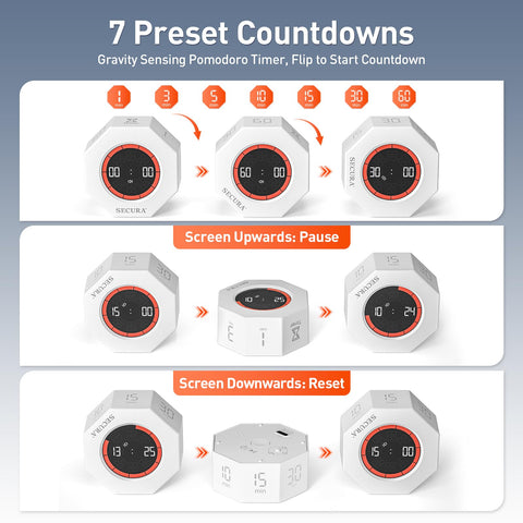 Secura Pomodoro Timer con 7 preajustes para intervalos de estudio eficientes.