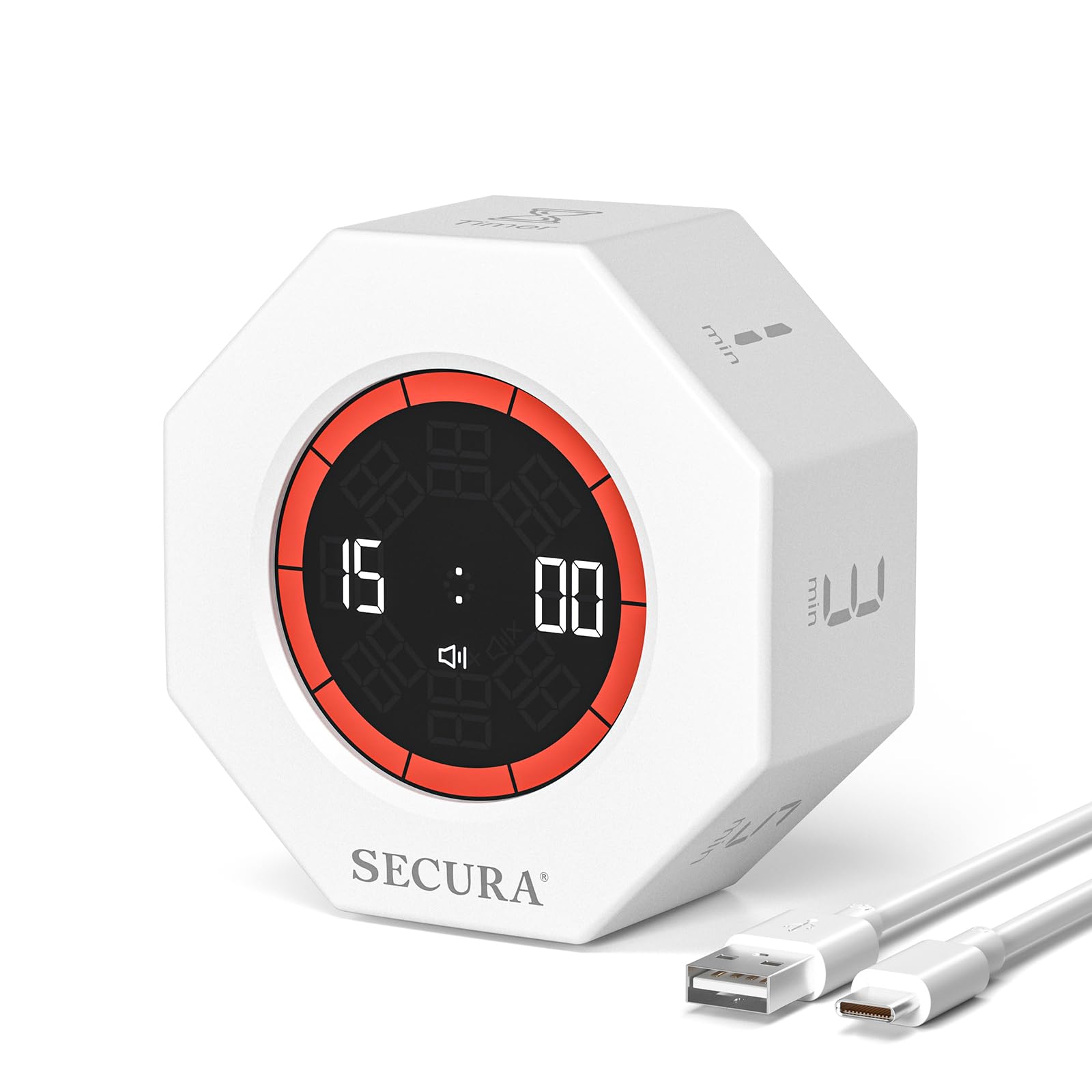Secura Pomodoro Timer cubo giratorio: gestión de tiempo rápida en tu escritorio.