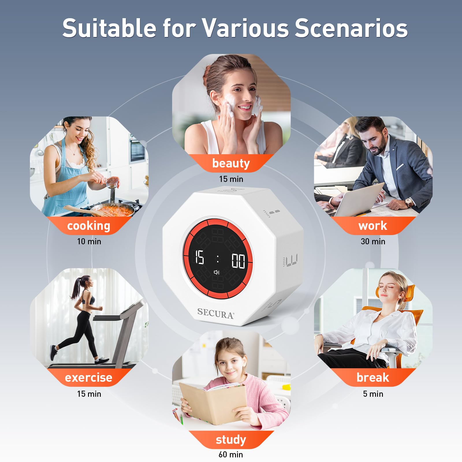 Secura Pomodoro Timer diseño portátil para casa, oficina o aula.
