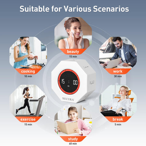 Secura Pomodoro Timer diseño portátil para casa, oficina o aula.