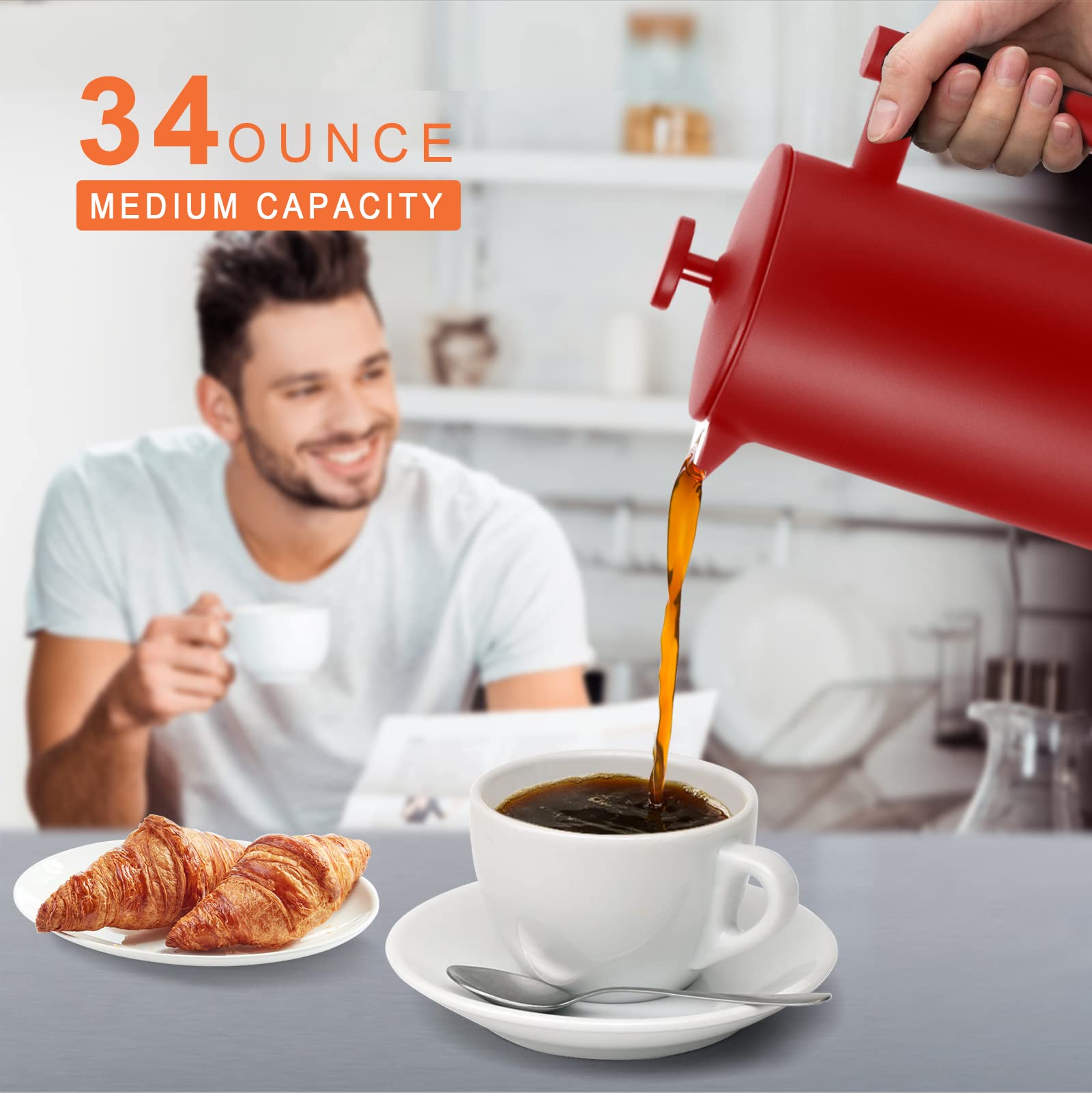 Prensa Secura, capacidad de 1 litro, ideal para desayunos y reuniones.