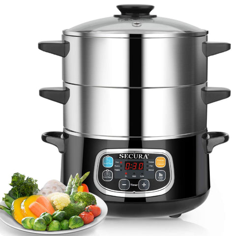 Vaporizadora eléctrica Secura con doble estante para cocinar varios alimentos al vapor
