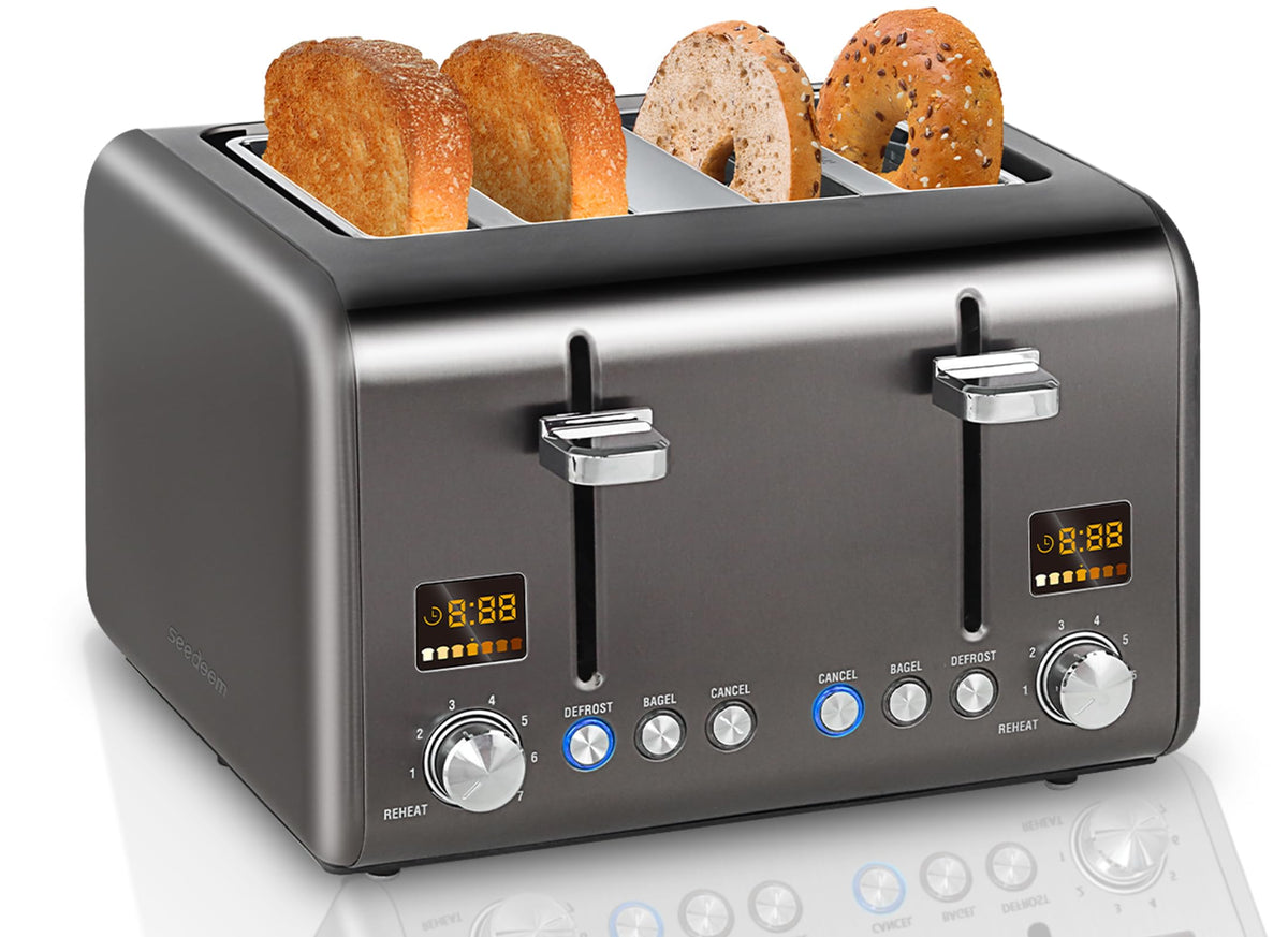 Tostadora Seedeem con 4 rebanadas y pantalla de cristal líquido para ver la configuración.