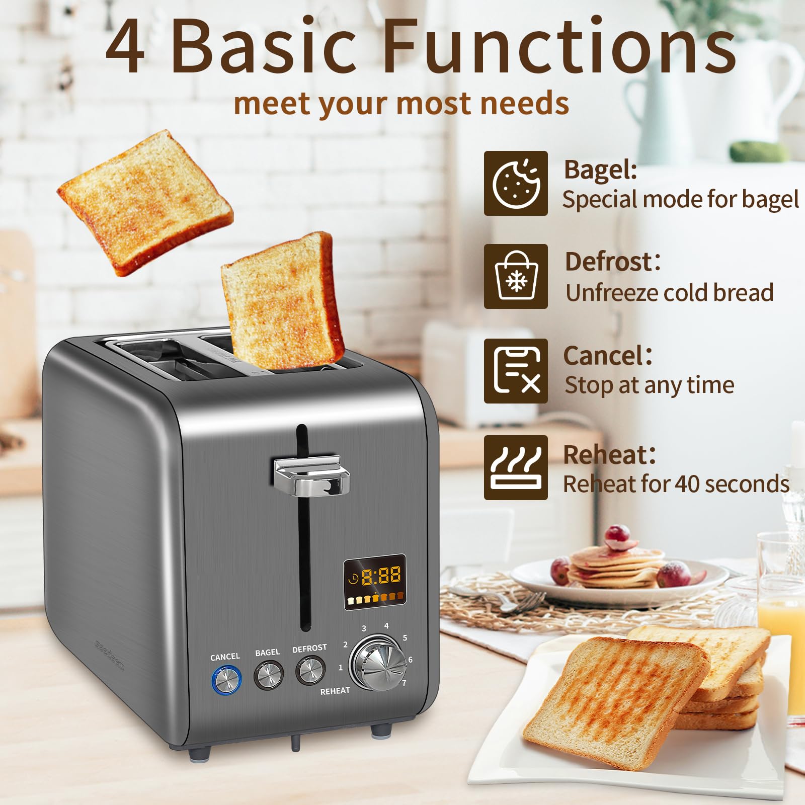 SEEDEEM Tostadora, potencia 900W, calor eficiente para desayunos rápidos.