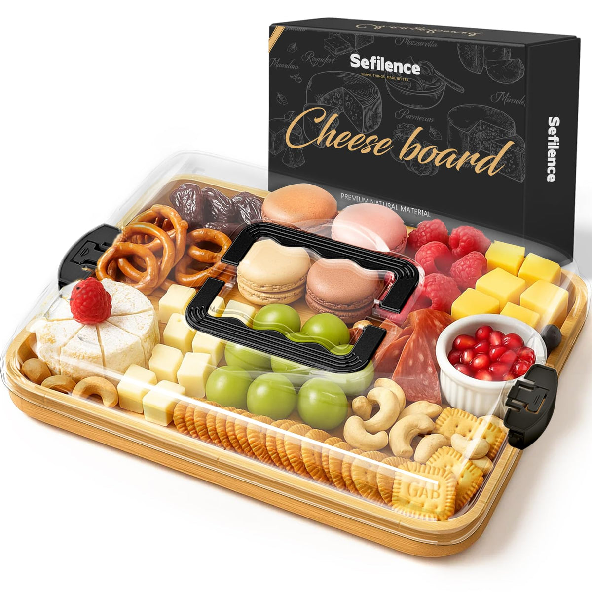 SEFILENCE tabla charcutería con tapa y asa para transporte seguro.