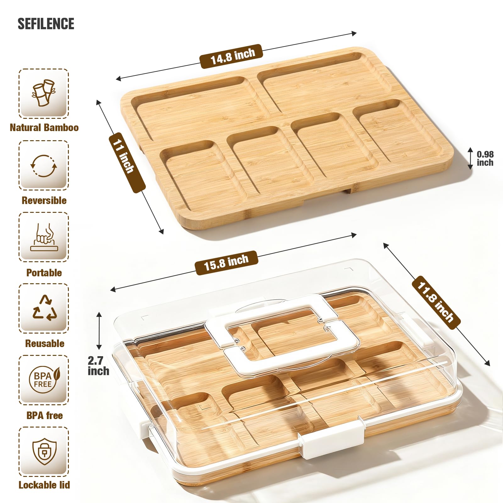 SEFILENCE Tablero con 6 compartimentos para ordenar quesos, carnes y acompañamientos.