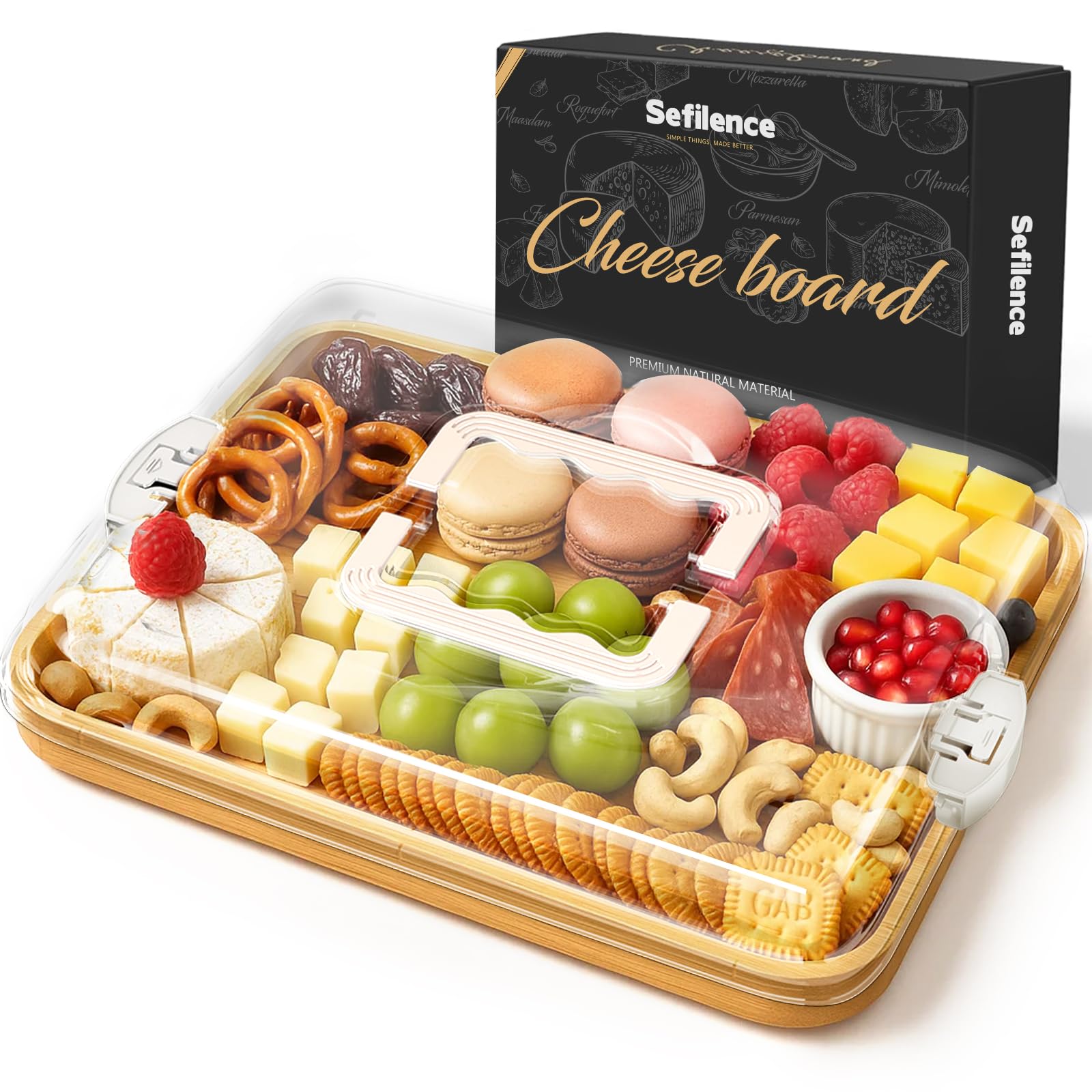 SEFILENCE Tablero charcutería con tapa y asa, ideal para transportar y servir en eventos.