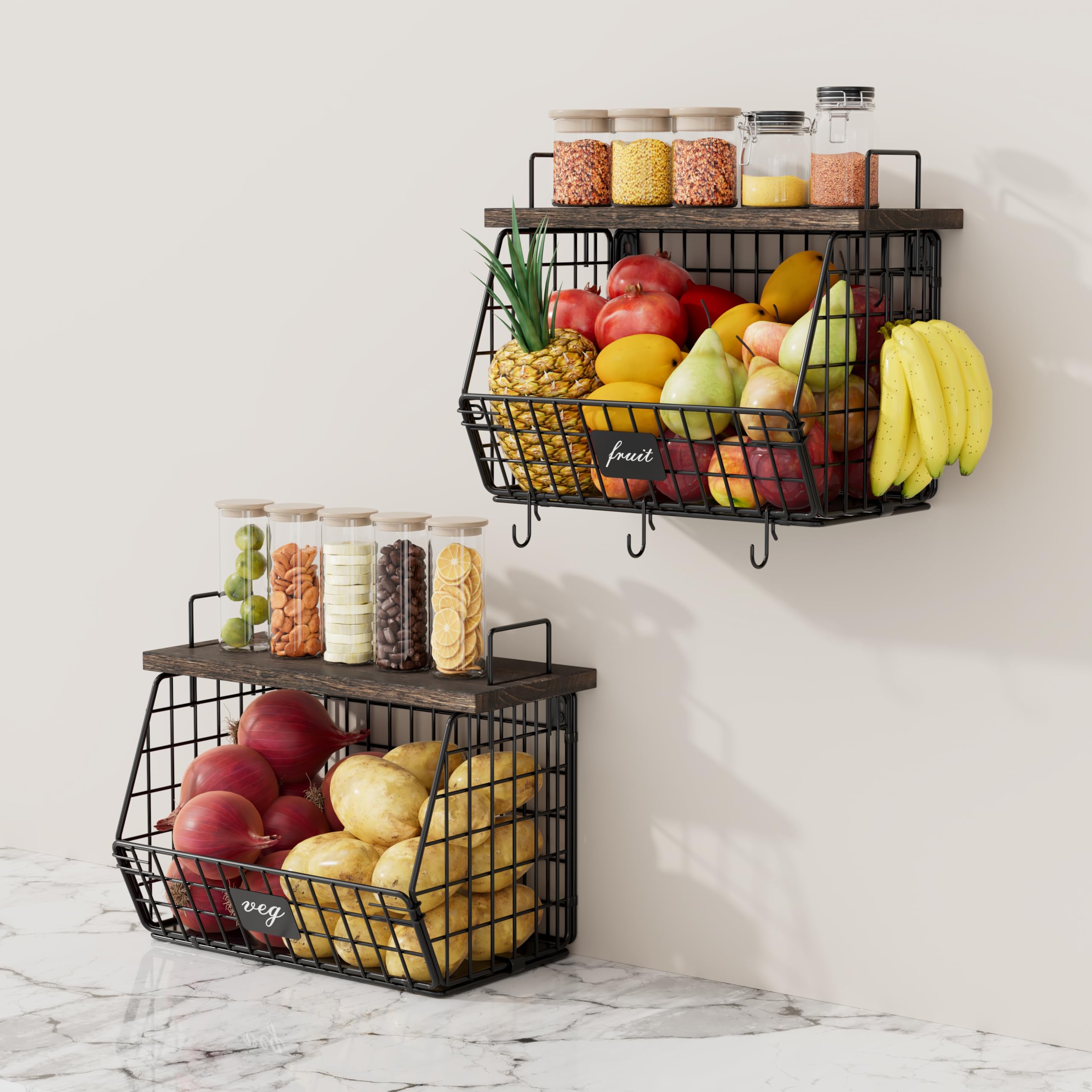 Segtenant cesta-fruta-colgante-pared-tapa-madera para mantener la encimera ordenada y fresca.