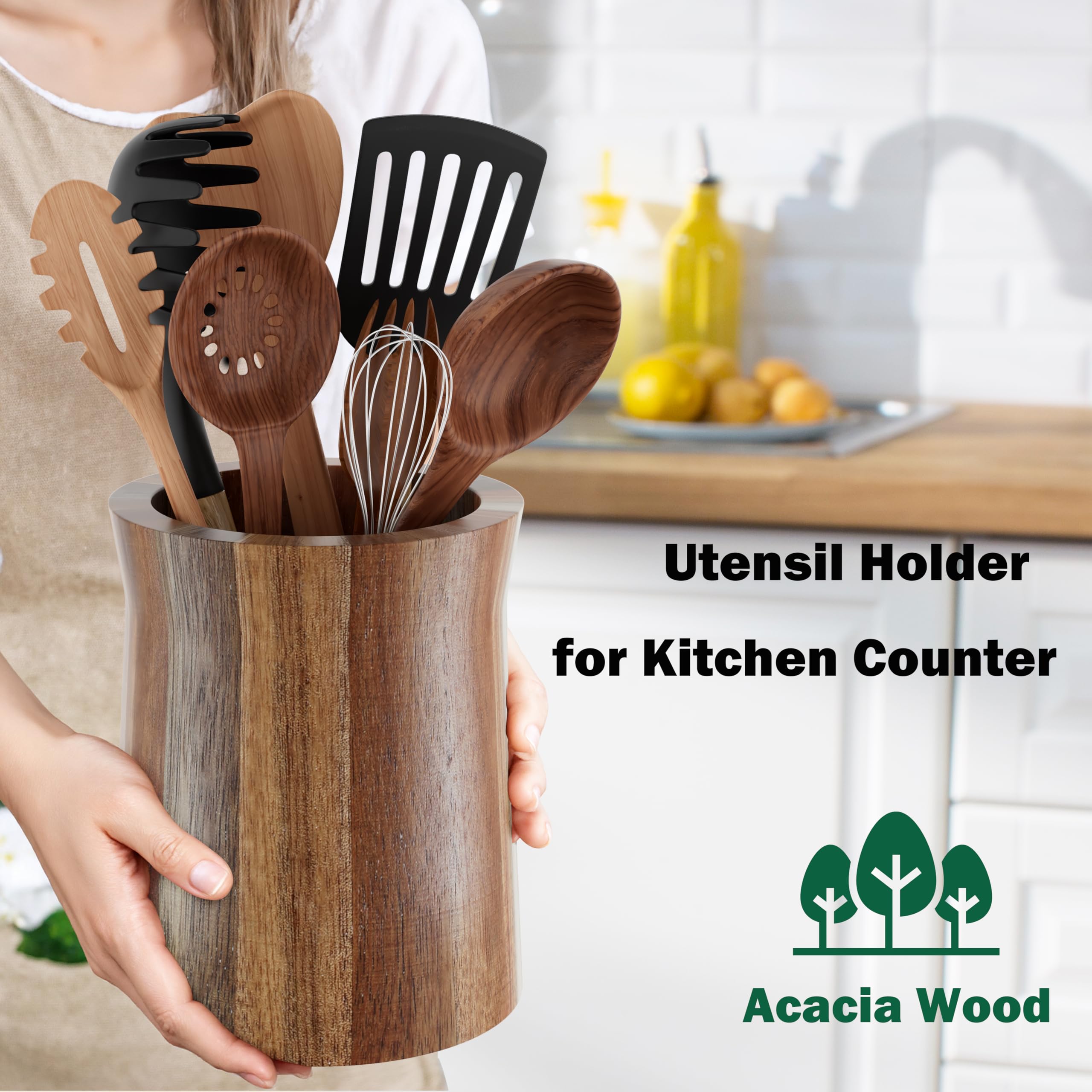 Segtenant porta-utensilios en madera de acacia, base estable para la encimera.