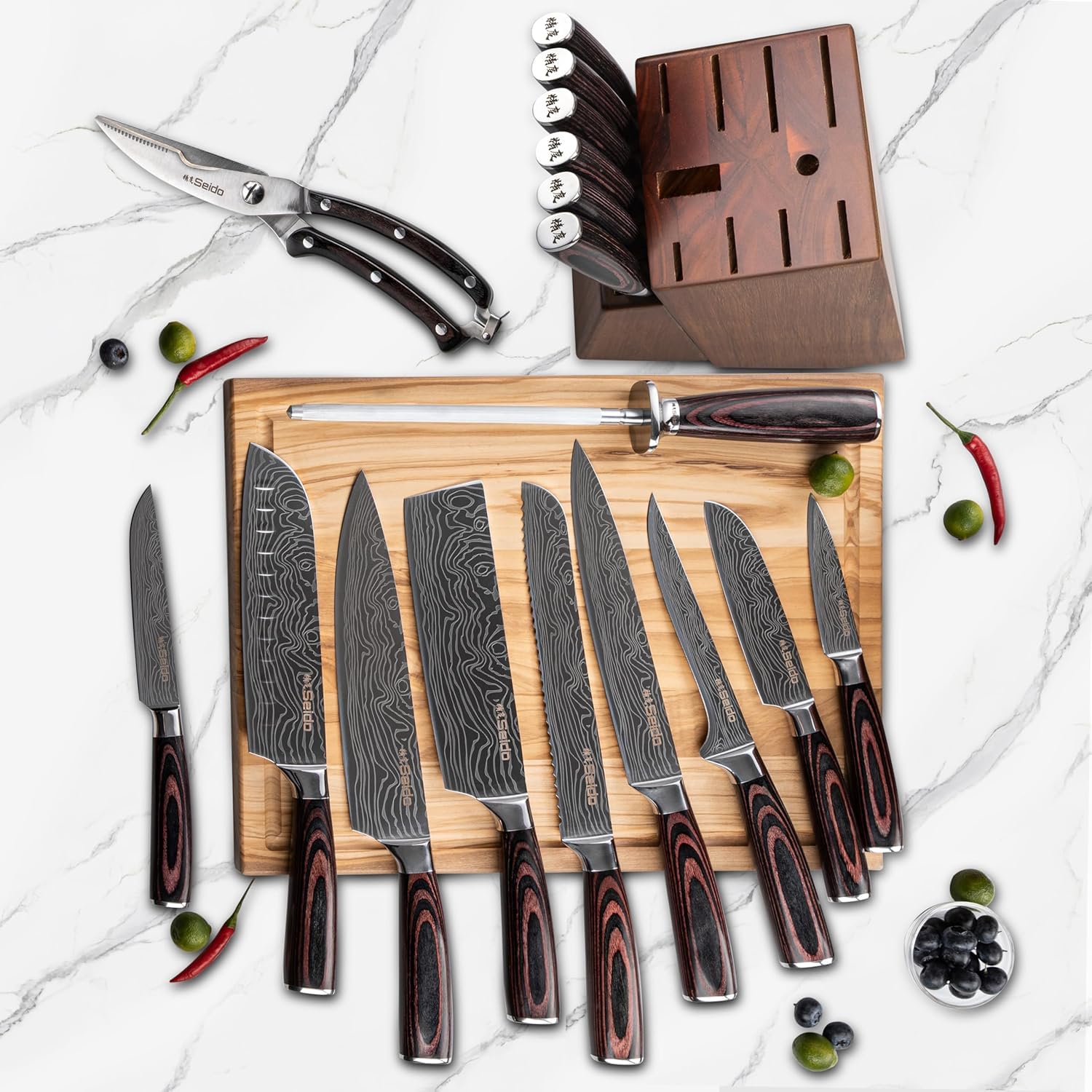 Seido Knives: bloque de acacia que facilita acceso rápido a las 17 piezas.